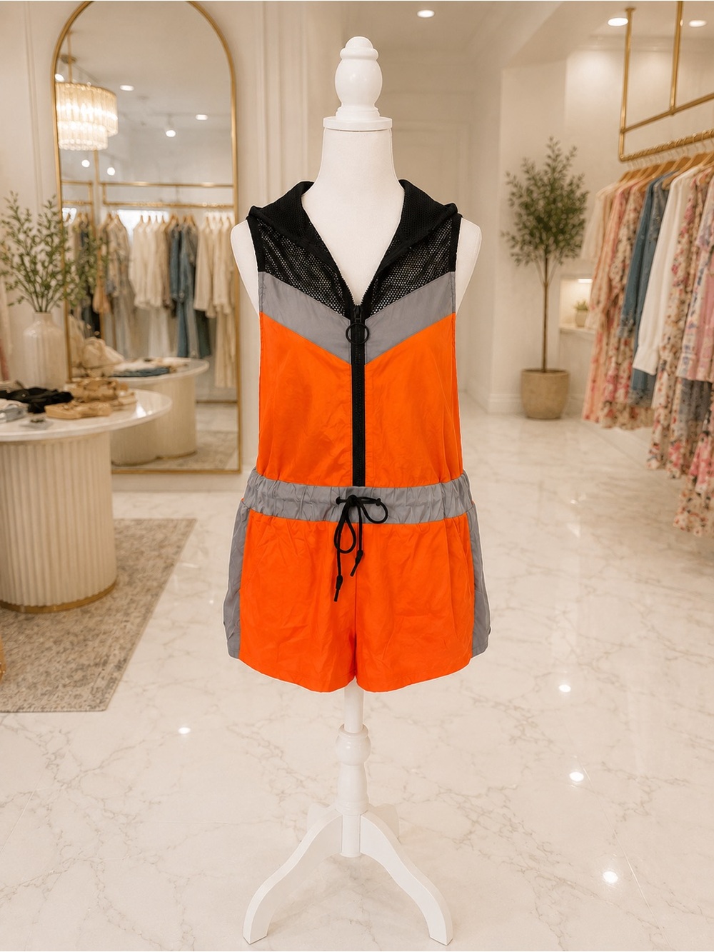 Capsule Neon Orange Reflective Hooded Romper Mesh Back S M L NWT